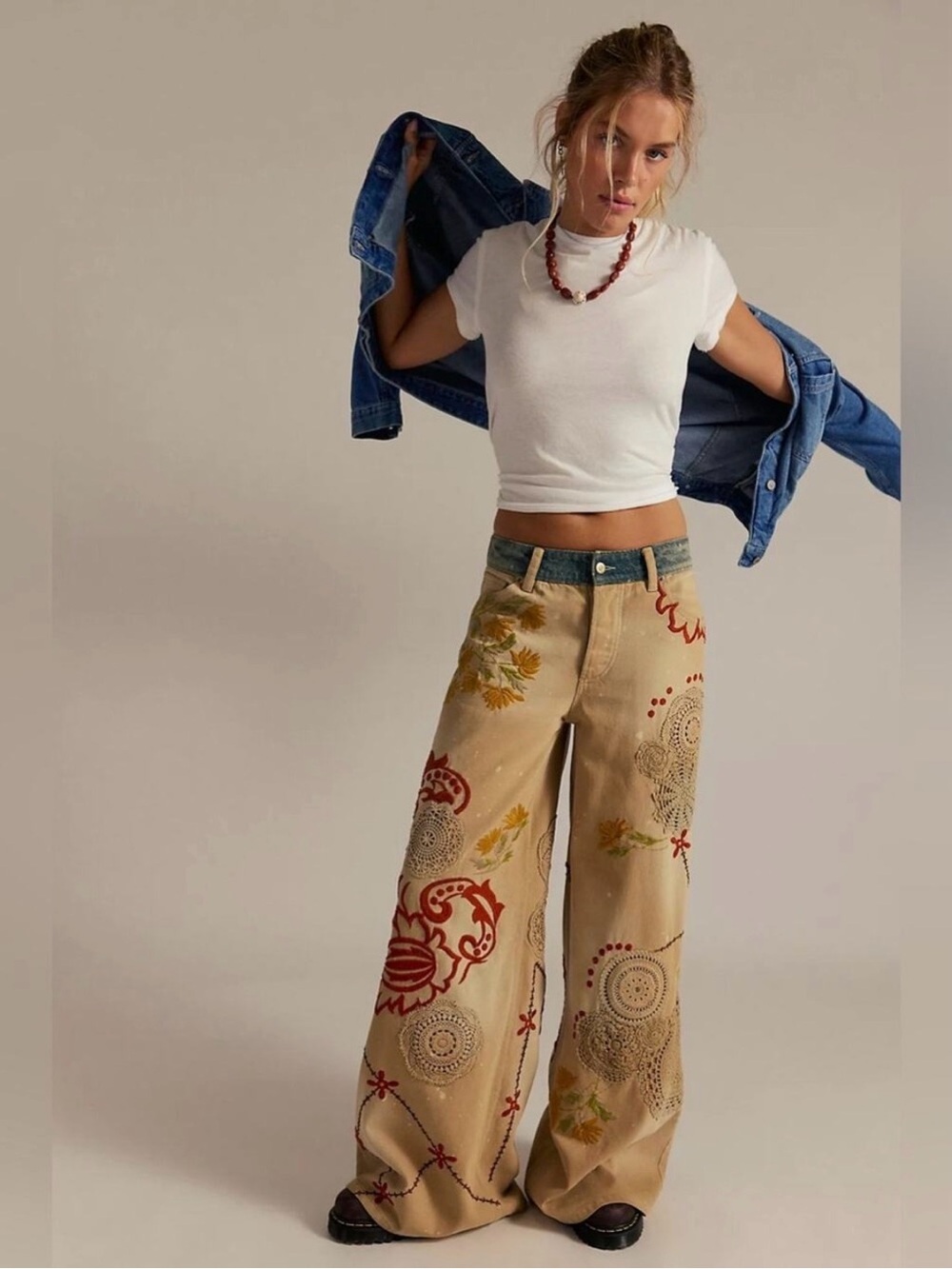 NWT Free People We the Free Falling Love Wide-Leg Jeans Morning Star Cream 32